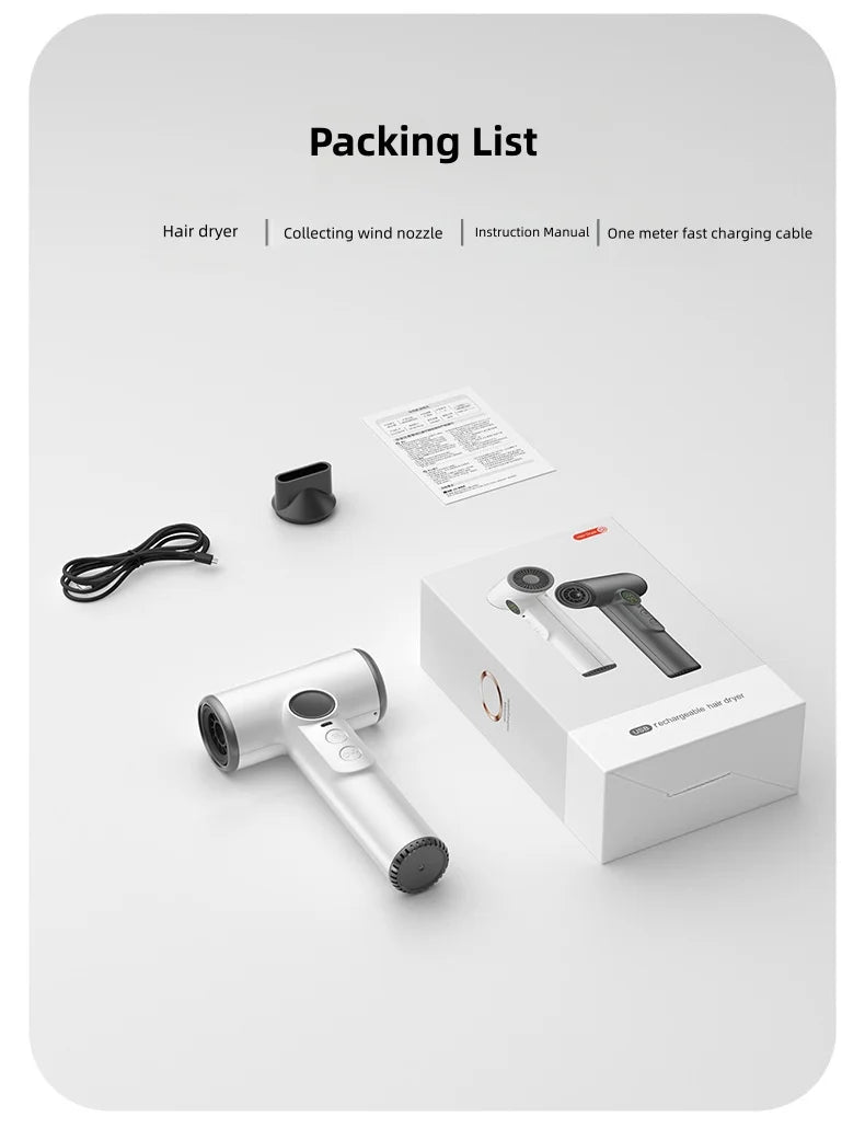 White wireless hair dryer with nozzle and charging cable. Portable high-speed travel dryer for dorms and home.