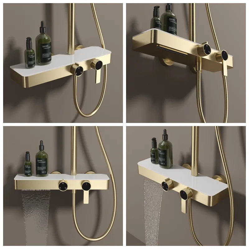KEMAIDI Brushed Gold Shower System Set Wall Mounted Rain Shower Head with Handheld Shower Spray Brass Bathroom Shower Mixer