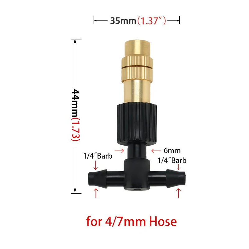 Adjustable brass mist nozzle tee with black body and dual 1/4in hose barbs, size labeled