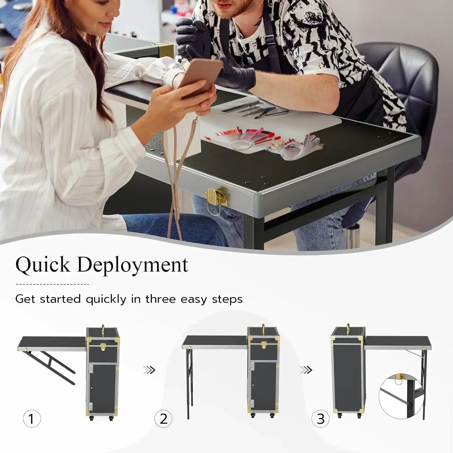 Portable Rolling Manicure Table - Foldable Beauty Cart for Salons Massage Chairs Tidesmit