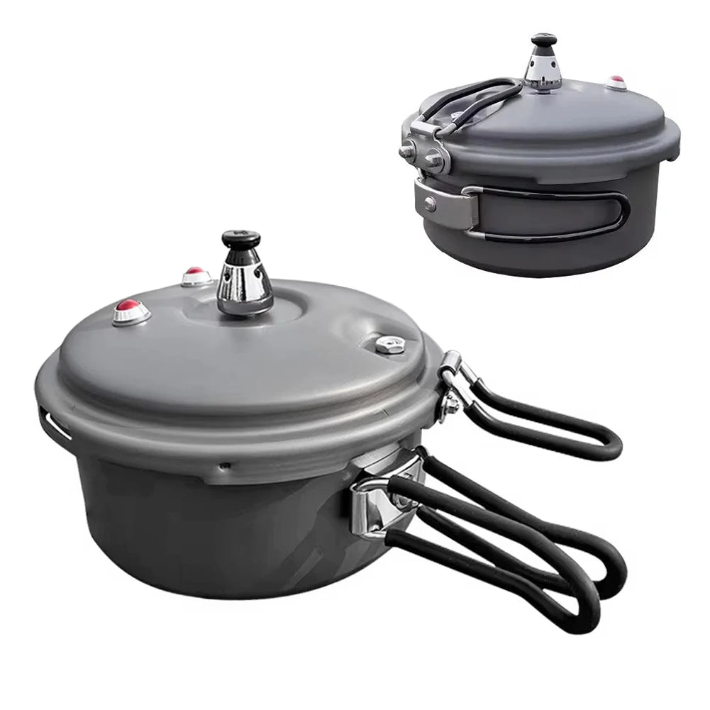 Gray folding pressure cooker pot with domed lid, vent knob, and side handles