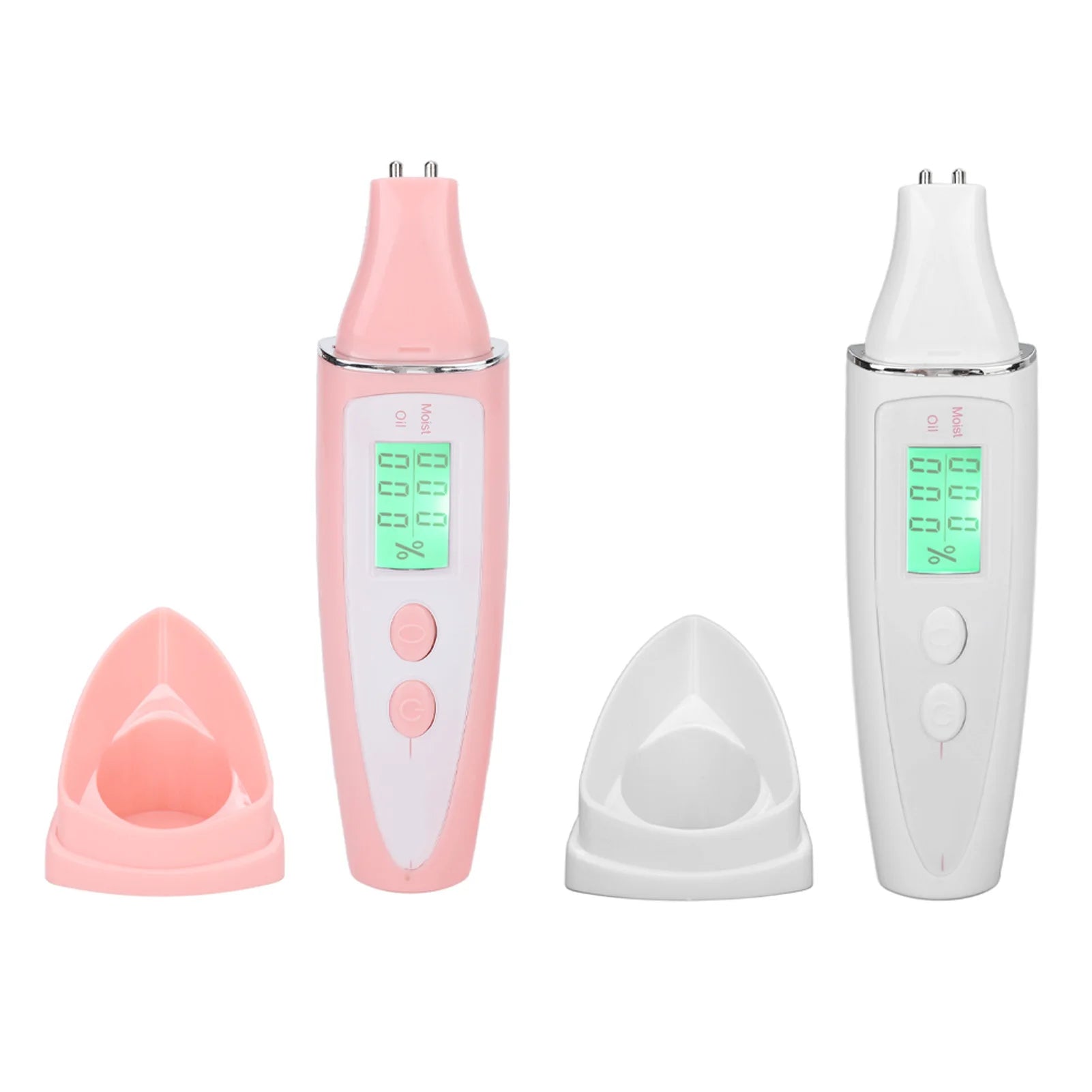 Portable pink and white digital facial skin analyzers with LCD screen and moisture oil testing probes for home use.