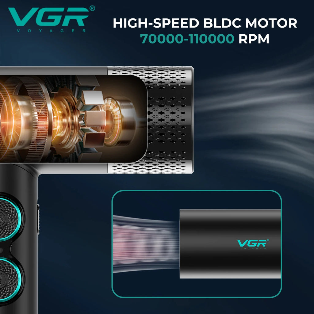 VGR V-401 professional leafless hair dryer with 110k RPM brushless motor, black design and high-speed airflow.