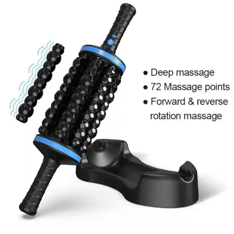 Black cordless handheld massage roller with 72 textured nodes, blue trim, and a matching black charging base.