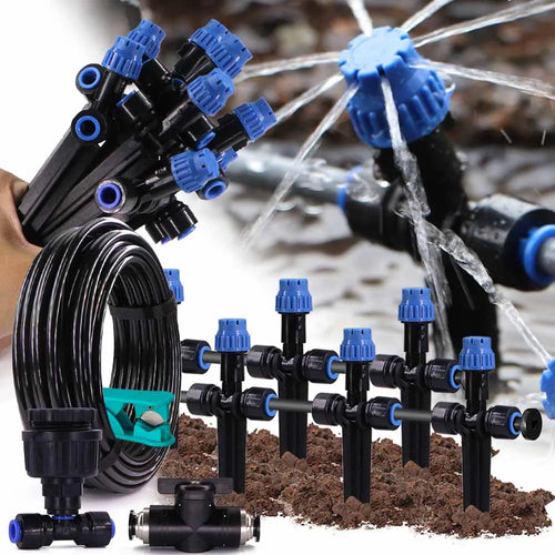 Garden drip irrigation kit with black 1/4" tubing, blue nozzles, and soil stakes
