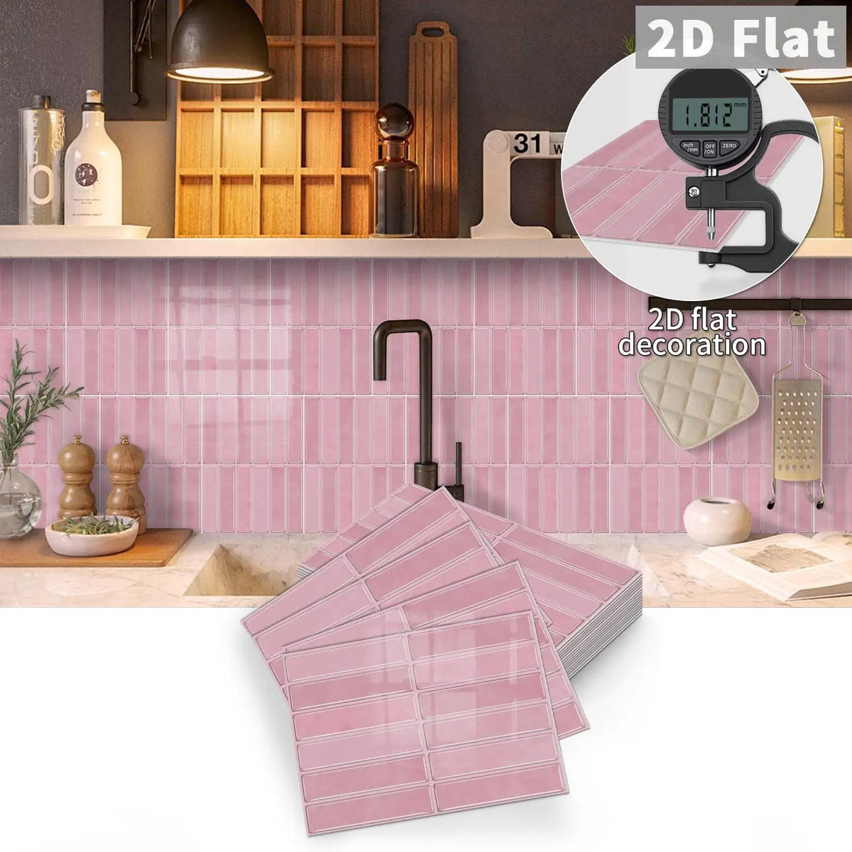 Soft pink self-adhesive tile decal sheets with rectangular brick-style pattern