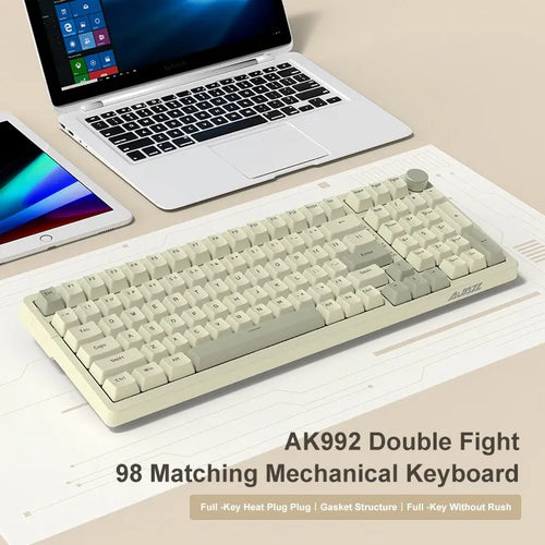 Ajazz AK992 mechanical keyboard with 98-key layout, off-white/grey color scheme, and top-right multimedia control knob.