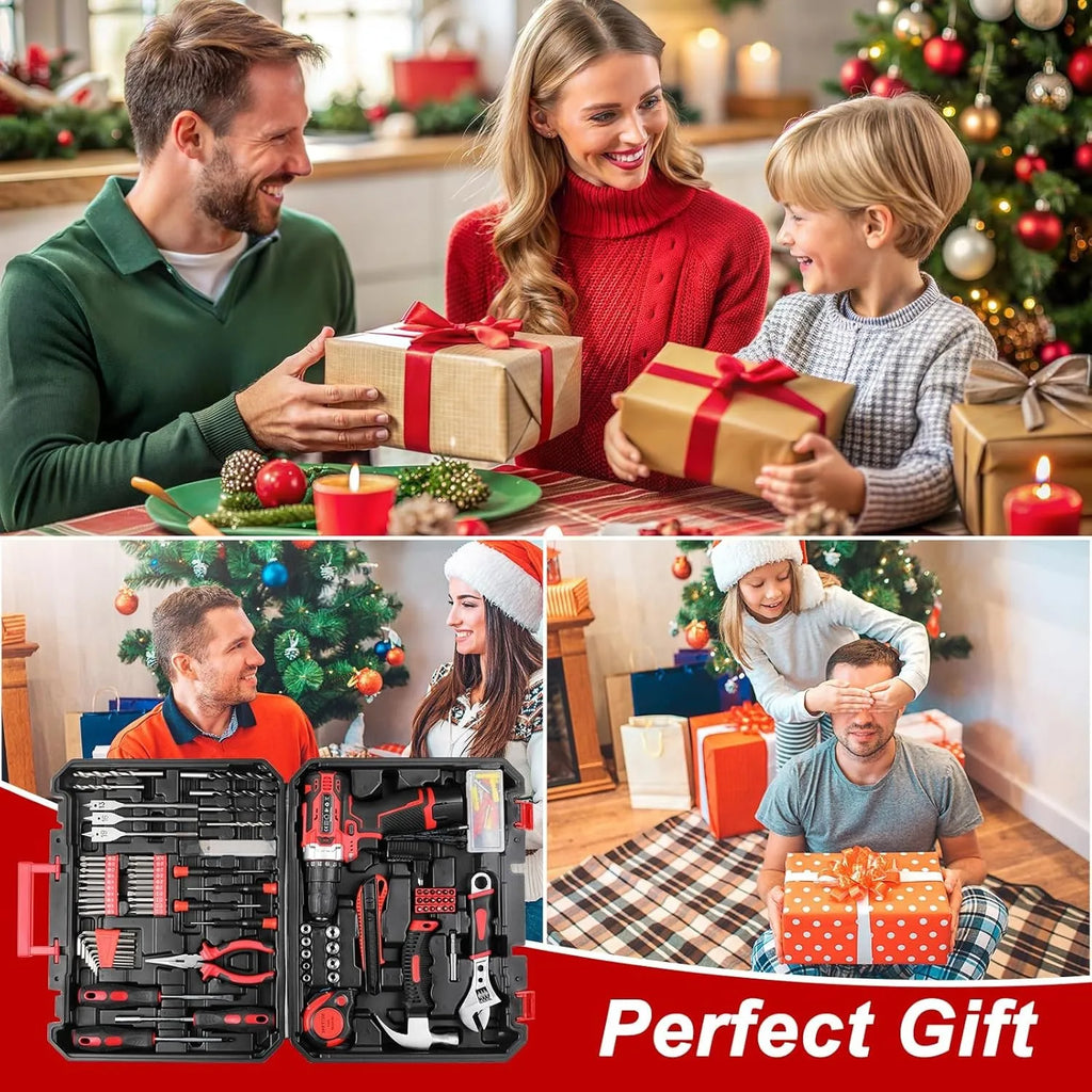 138-Tool Box with Cordless Screwdriver - Extensive Tool and Drill Set w/ 12V Electric Cordless Drill for Repairs and Maintenance