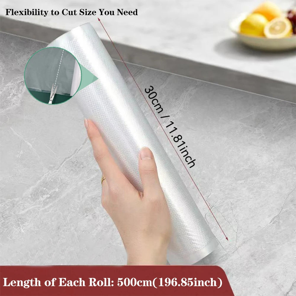 Vacuum sealer roll bag showing 30cm width and 500cm total roll length