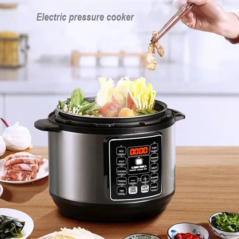 Stainless electric pressure cooker on countertop with black lid and LED display
