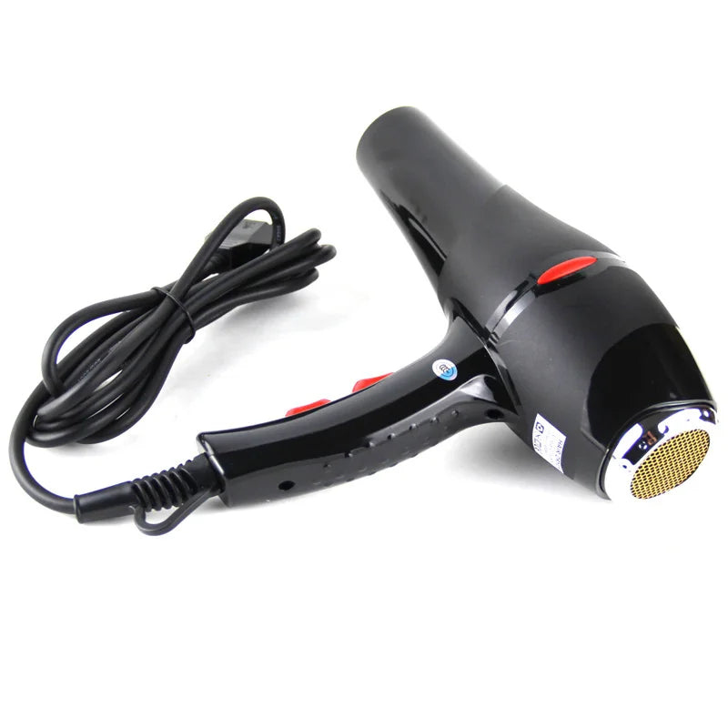 Black 2100W professional salon hair dryer with AC motor, gold air intake grille, and red power control buttons.