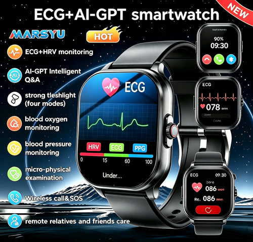 Black ECG+PPG smart watch with heart rate and ECG screen display