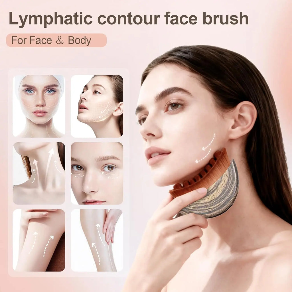 Curved lymphatic face brush with brown soft bristles and a wood-grain handle, shown used on face and body.