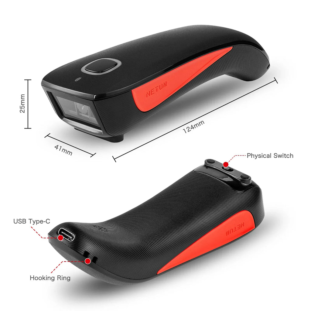 Black NETUM 2D barcode scanner with red accents, USB Type-C and physical switch