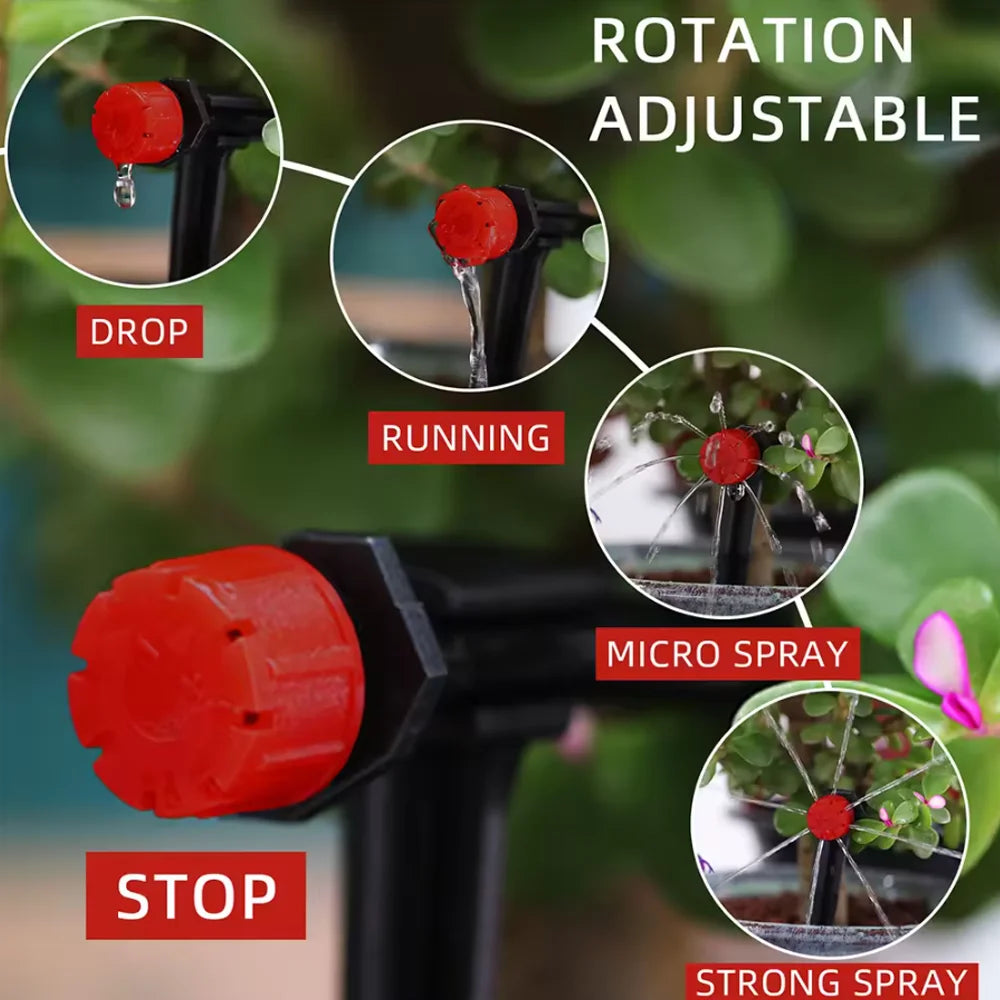 Adjustable micro-spray sprinkler head with red cap and rotating spray modes