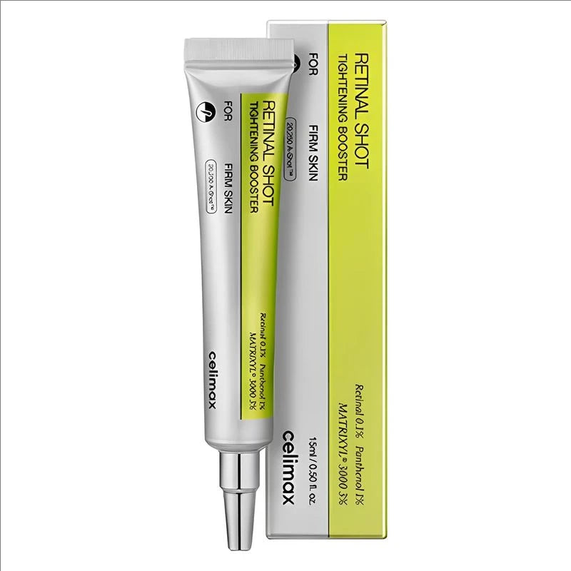 Retinal shot eye cream tube and box with green accents