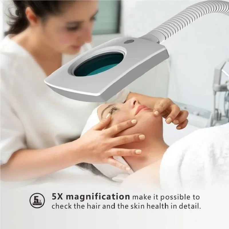Professional ozone facial steamer with 5X magnifying glass lamp for deep pore cleansing and skin health assessment.