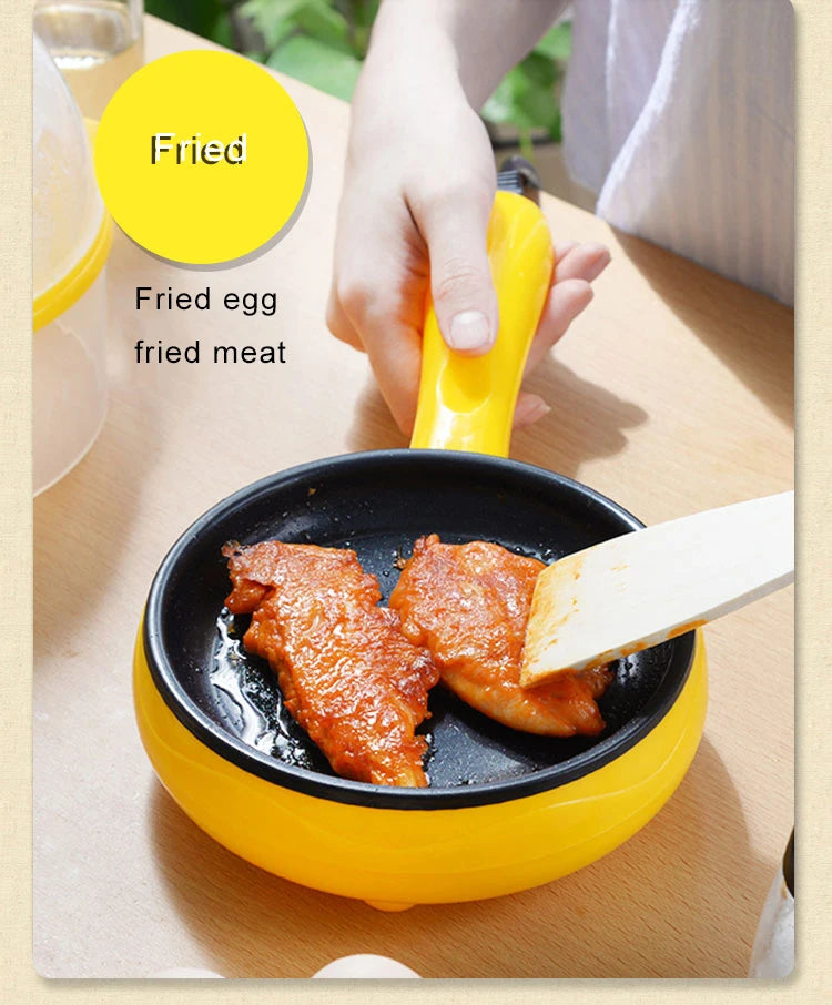 Yellow electric egg cooker with fried meat and an egg, spatula lifting food from pan.