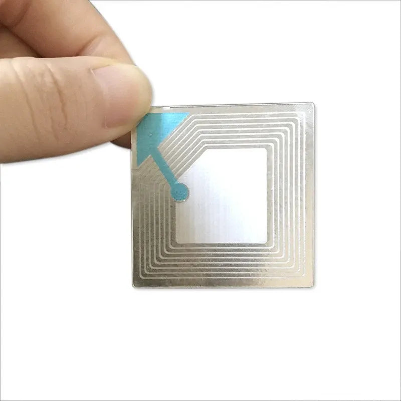 RF EAS inlay square anti-theft label with embedded antenna circuit and contact tabs