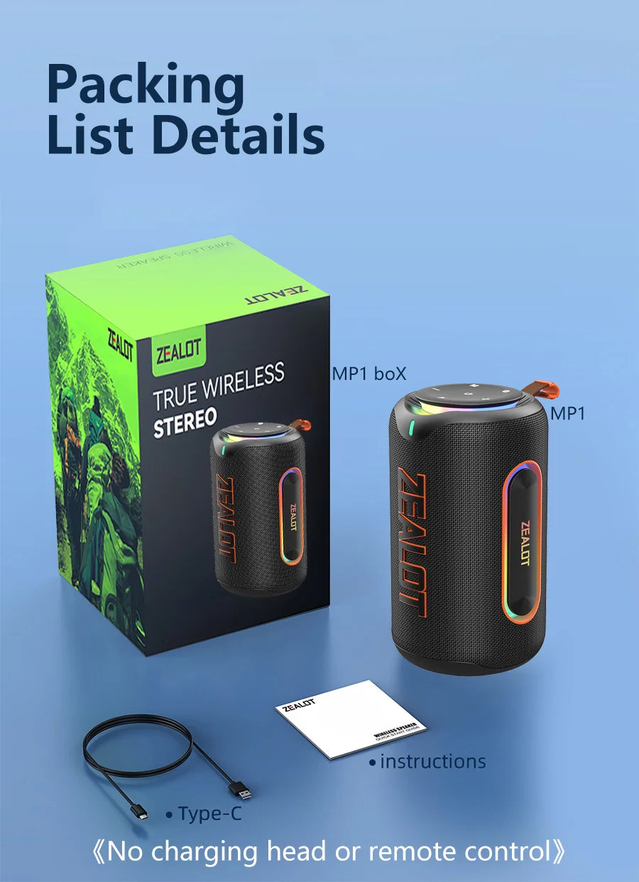 ZEALOT-MP1 60W Wireless Speakers,RGB Light,30 Hours Playtime,, Waterproof IPX 6,Wireless Speaker, Dual Pairing, 8000mAh Battery.