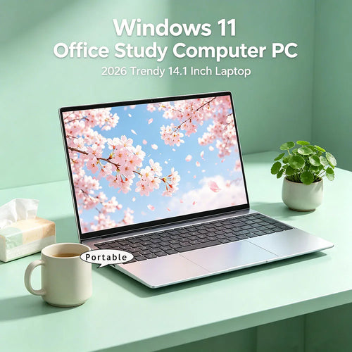 Silver 14.1-inch ultra-thin laptop with narrow bezels, a full-sized dark keyboard, and a large trackpad on a desk.