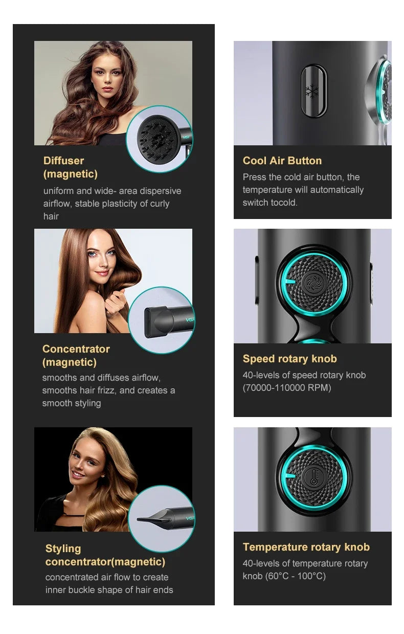 VGR professional BLDC hair dryer with magnetic diffuser and styling nozzles, featuring rotary speed and heat controls.