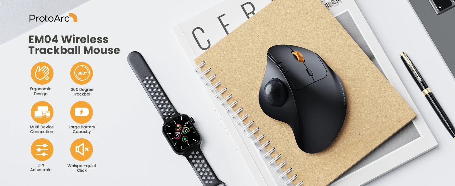 ProtoArc Wireless Trackball Mouse 2.4g Ergonomic Rollerball Mouse Rechargeable Bluetooth Computer Mice 3 Device Connection