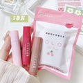 3-piece Korean moisturizing lip glaze set: cute plump lipstick collection in pink, red, and nude shades with glossy finish.