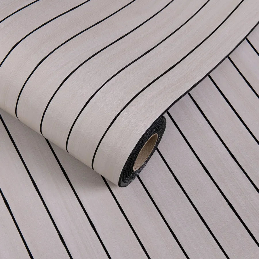 Self-adhesive 3D wall sticker roll, pale beige wood stripes with thin dark black lines