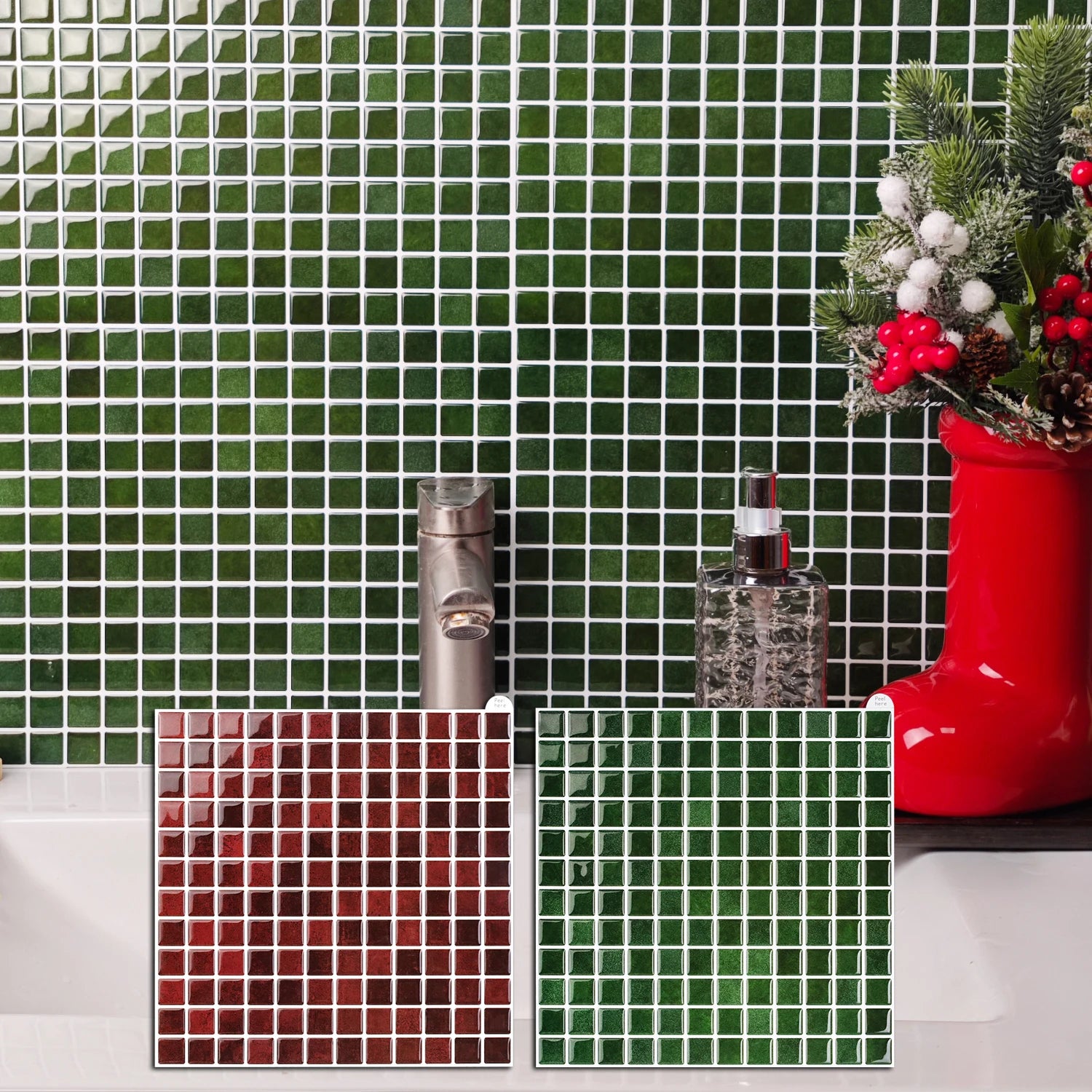 3pcs Christmas Style Wall Sticker Mosaic Tiles Self Adhesive Kitchen Vinly Wallpaper  Removable Waterproof Square Wall Decals