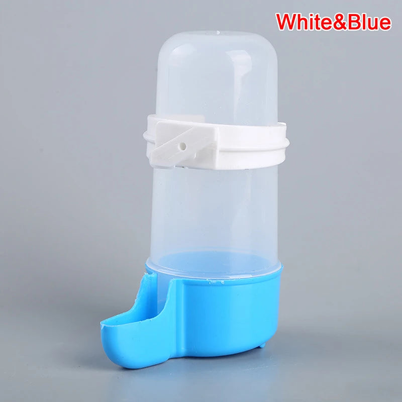Automatic white and blue plastic bird water dispenser for parrot cages, easy-refill feeder for pet birds.