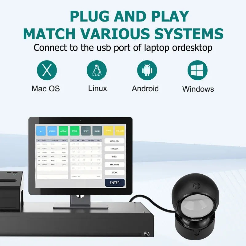 Black barcode scanner dock with USB cable, used on a desk near a monitor