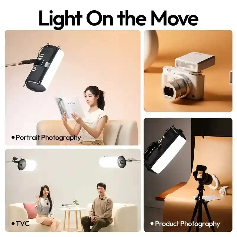 Portable LED tube light for photography and video. Black and white cylindrical housing with adjustable mounting mount.