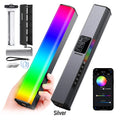 RGB LED light wand in silver housing, featuring a digital display, app control, and included grid, case, and strap.