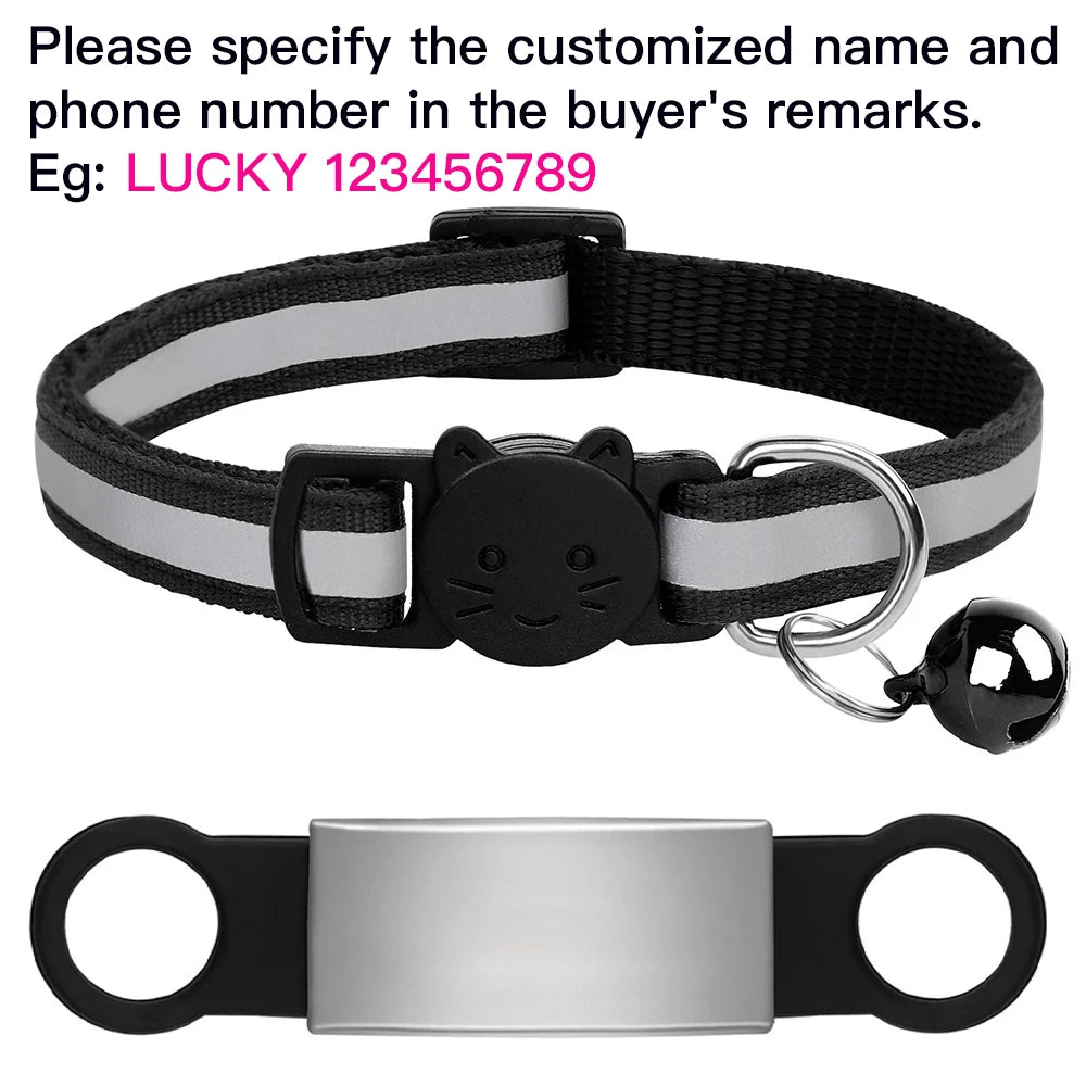 Customized black reflective cat collar with safety bell and engraved ID nameplate for anti-lost pet safety.