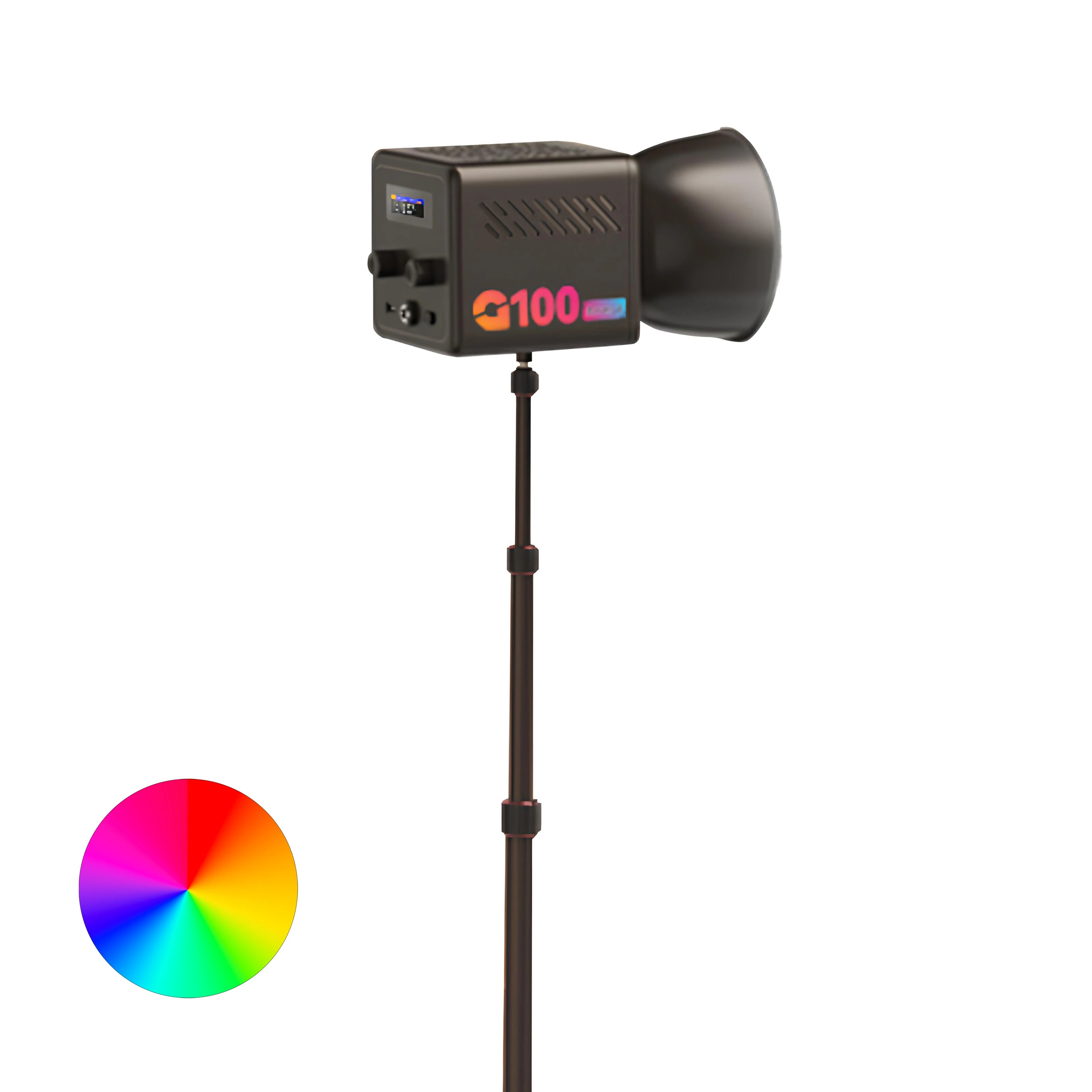 G100 LED video light on a telescopic stand with a reflector dish and a color wheel icon for adjustable lighting.