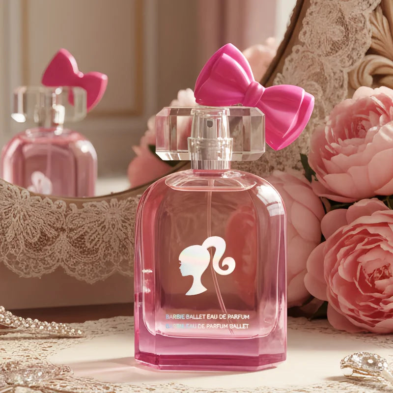 MINISO x Barbie Ballet EDP: Pink floral fruity perfume for women in glass bottle with signature pink bow cap spray.