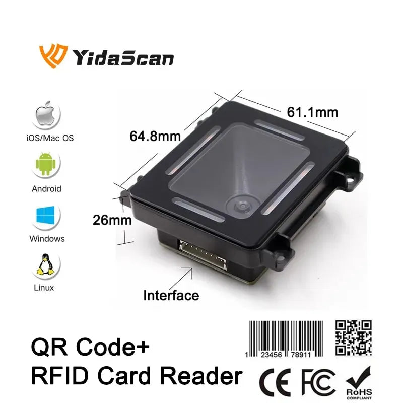 Black QR/RFID card reader with side interface ports and square scan window