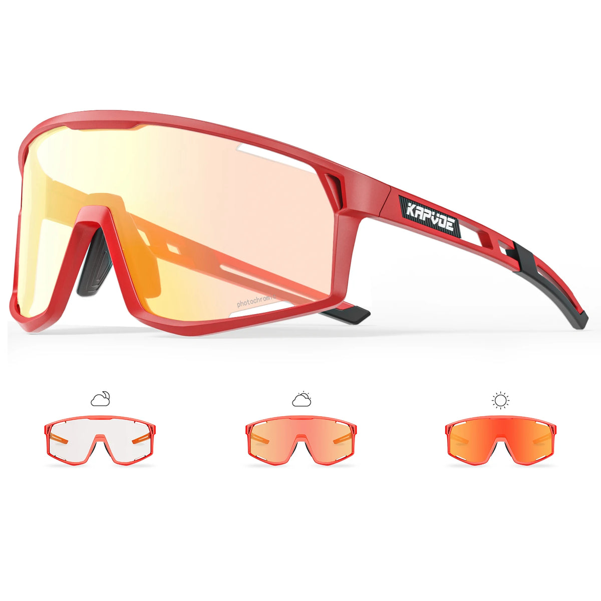 KAPVOE photochromic cycling sunglasses with red frame and amber lens.