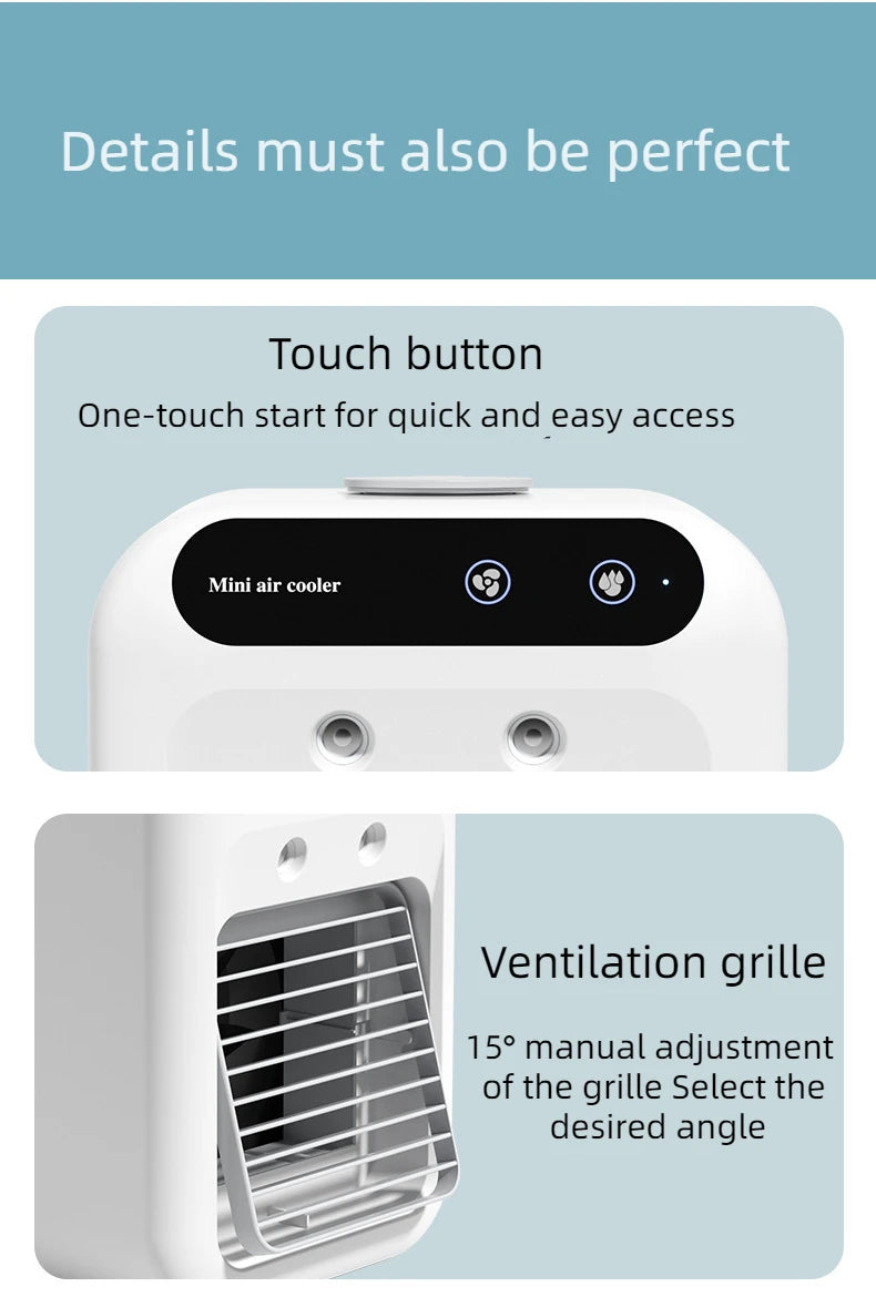 Tidesmit portable USB mini air cooler with water tank and 1800mAh battery, side view showing cooling features