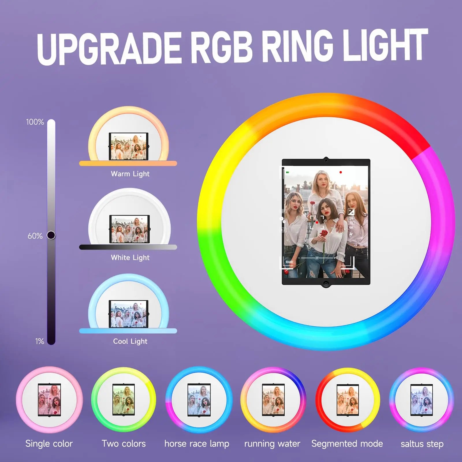 RGB ring light with brightness slider and color modes, displaying various lighting temperatures for photography.