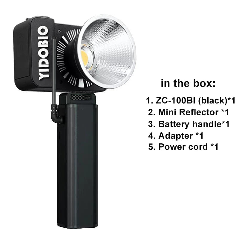 ZC-100BI handheld LED video light with a black battery handle and round metallic reflector for professional lighting.