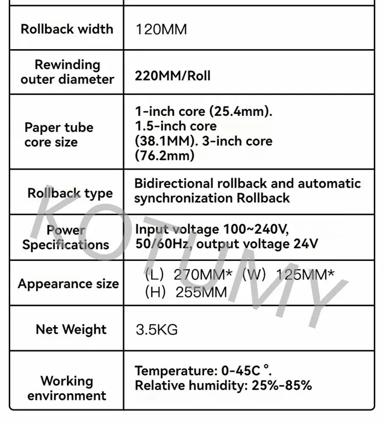 Barcode label rewinder specifications table with dimensions, speed, and rollback settings