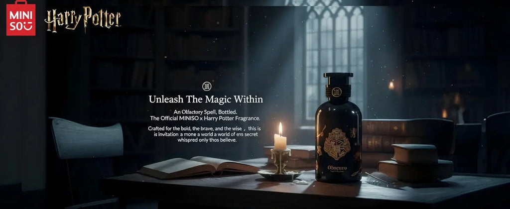 MINISO x Harry Potter Obscuro unisex woody floral perfume, 50ml black cylindrical bottle, long-lasting fragrance spray.