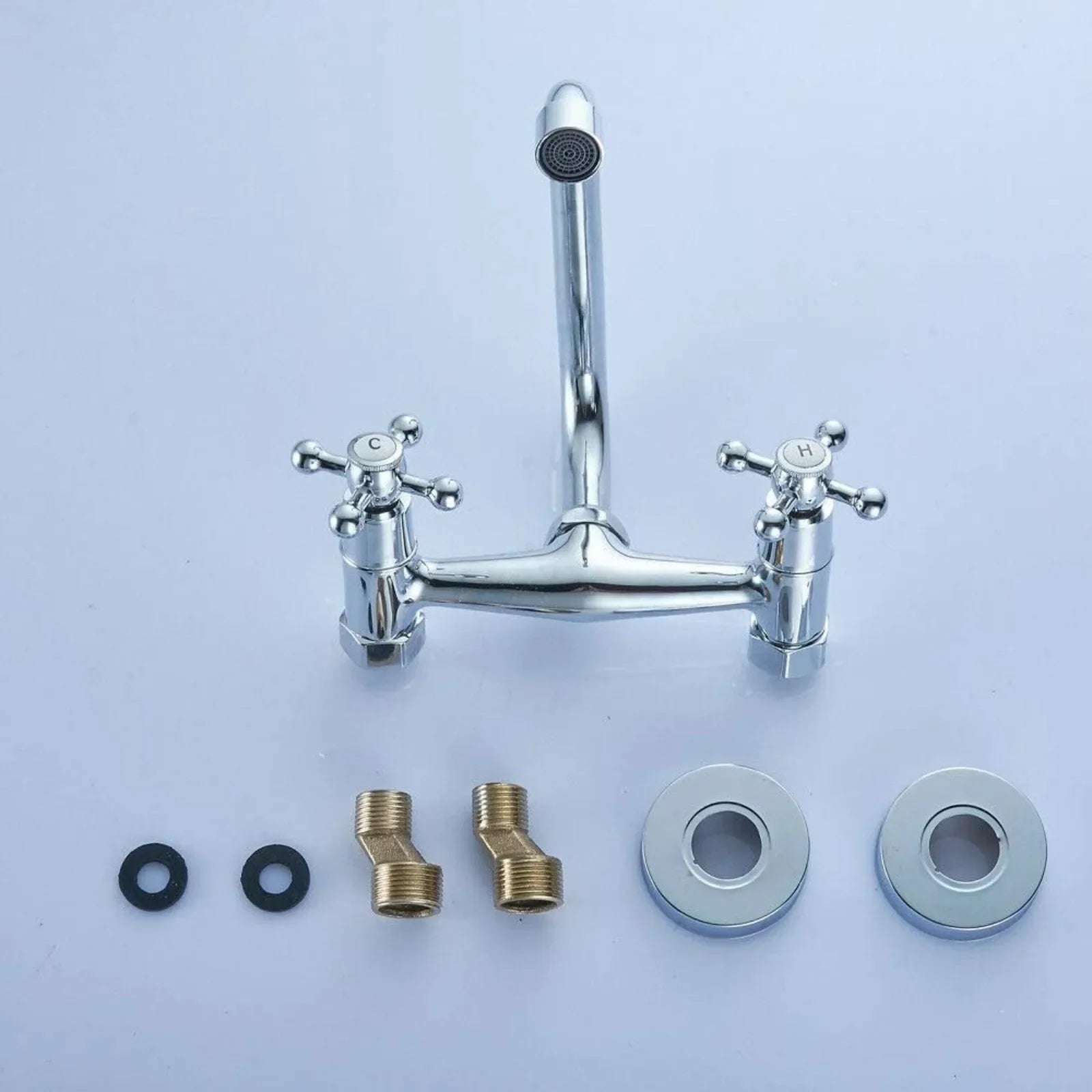 Dual Handle Brass Wall Mount Kitchen Faucet, Rotatable Spout Hot Cold Water Mixer Tap for Kitchen Sink