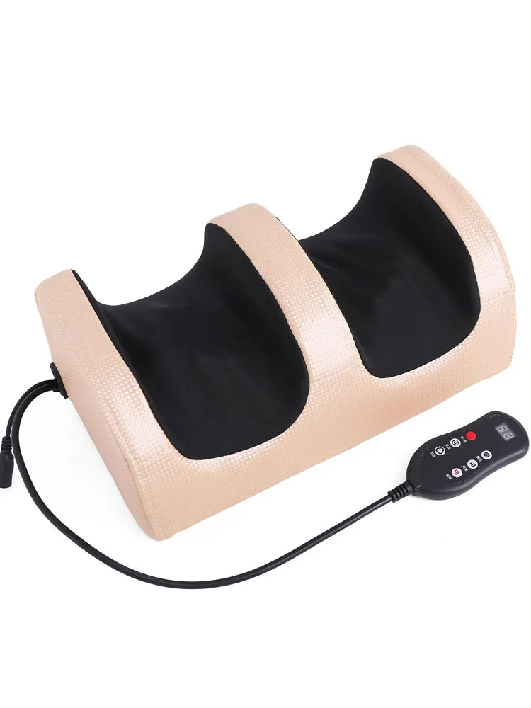 Beige electric foot and calf massager with black interior, deep tissue kneading rollers, and handheld remote control.