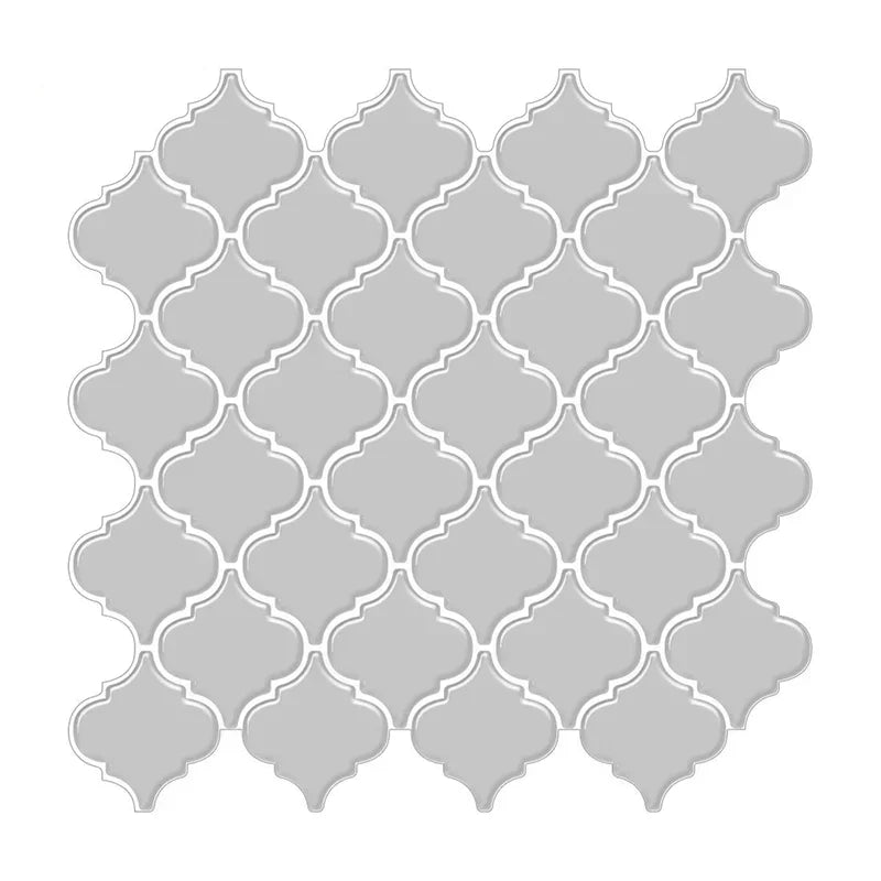 Light gray self-adhesive mosaic vinyl wall tile stickers, quatrefoil lattice pattern.