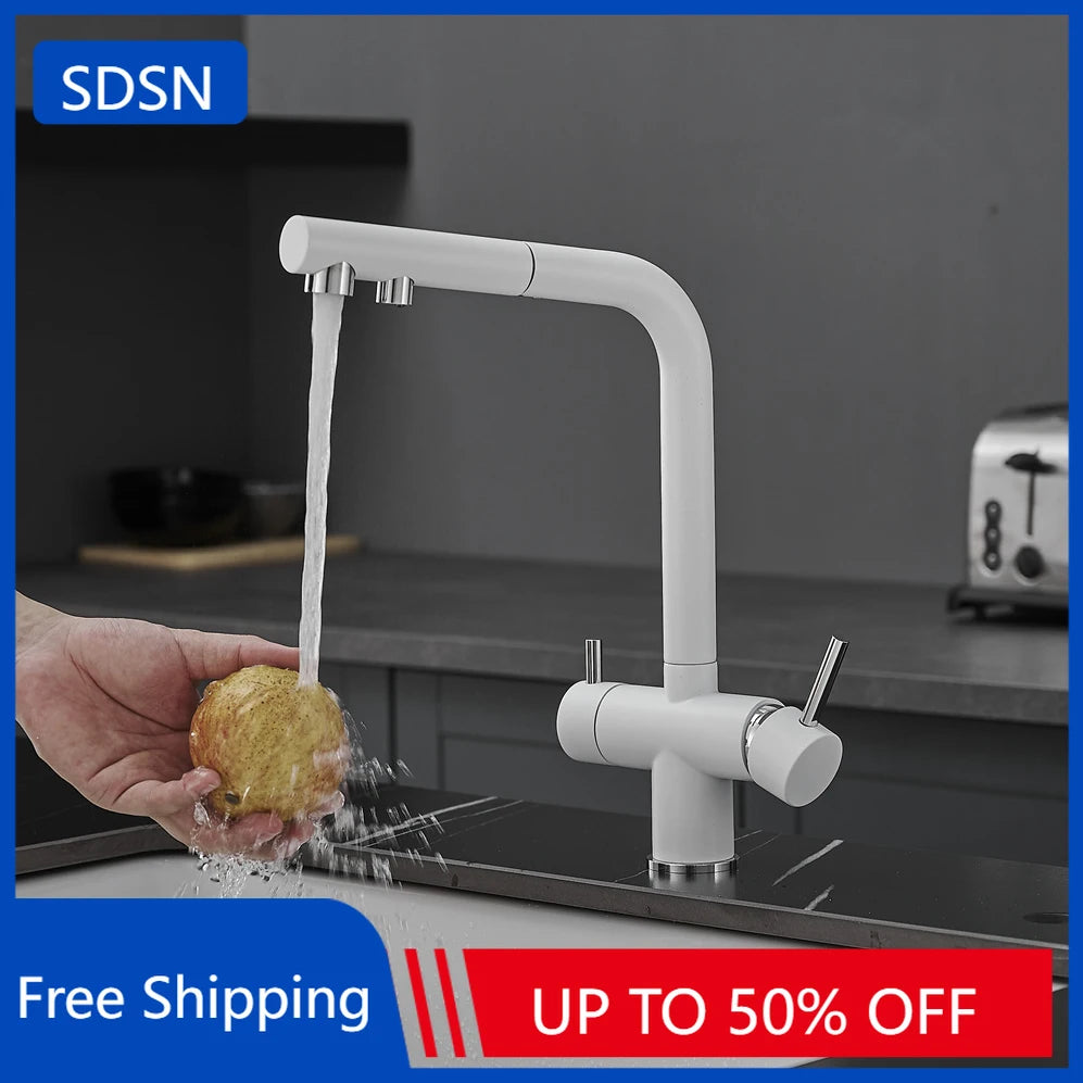 White Hot Cold Filter Kitchen Sink Faucets 3 Ways Pure Water Pull Out Kitchen Sink Mixer Tap Brass Filter Kitchen Sink Faucet