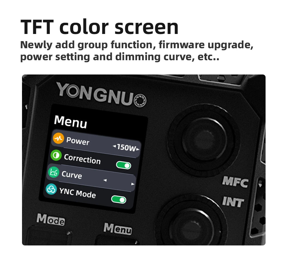 Black TFT color screen on a lighting control panel showing a menu for power, correction, curve, and mode settings.