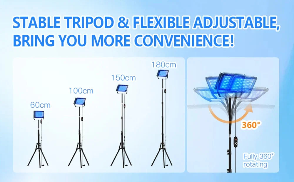 50W blue light tanning lamp on adjustable tripod stand with 360-degree rotation for body skincare at home.